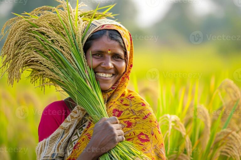 ai-generated-indian-female-farmer-working-in-her-field-bokeh-style-background-with-generative-ai-photo